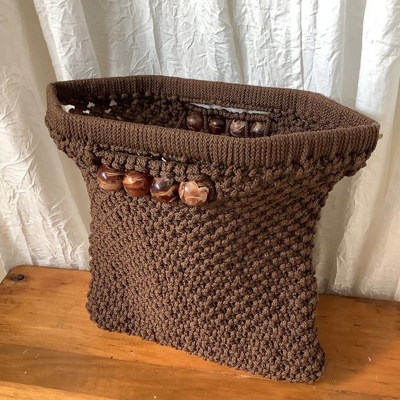 Brown Beaded Macrame Bag Purse Clutch - Picture 6 of 11